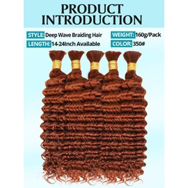 Dark Ginger Human Braiding Hair for Boho Braids 160g 5 Bundles/Pack 18 Inch Curly Boho Hair for Braiding Knotless 12A Deep Wave Bulk Bohemian Color 350