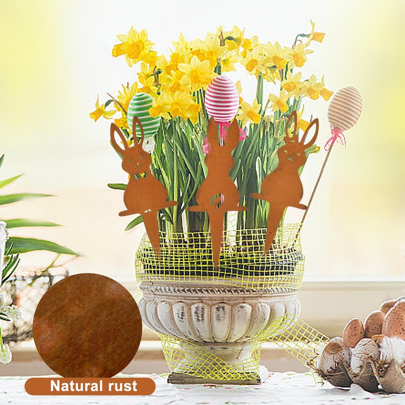 Qooloo Pack of 3 Easter Bunny Garden Stake Rust, Easter