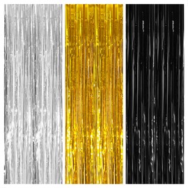 KatchOn, Silver, Black and Gold Backdrop - 9.6x8 Feet, Pack of 3 | Shiny Silver, Black and Gold Streamers Backdrop, Nye Decorations 2024 | New Years Backdrop | The Notorious One Birthday Decorations