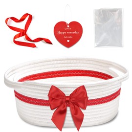 Groodo Small Woven Basket, Basket for Gift Empty with Gift Bags and Ribbons, Cute Baby Gift Basket for Nursery, 11.8 x 6.7 x 5.5 Rope Baskets with Handles - White