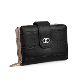 AfitLulu Women's Wallet PU Leather Small Purse Fashion Crocodile Pattern Purse Women with Snap Closure and Zip for Credit Cards, ID Cards, Banknotes, Coins, Photos, black, Modern