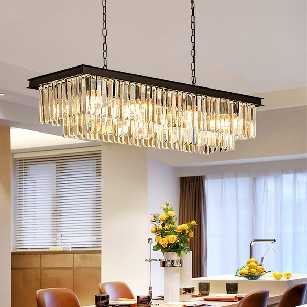yomay Crytal Chandeliers Rectangular Pendant Light Fixture Black Chandelier with