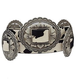 Western Concho Style Belt w. genuine cow print hair leather belt Black/White M