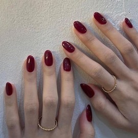 Handecss 24 x False Nails, Burgundy Colour, Bling, Glitter Gel, Shiny Finish, Natural Short Oval Nails, Full Cover, Salon Nail Art for Women