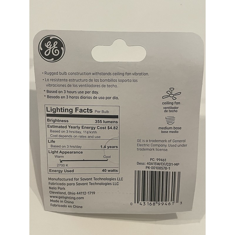GE 4 Soft White GE Ceiling Fan Bulbs 40W 355