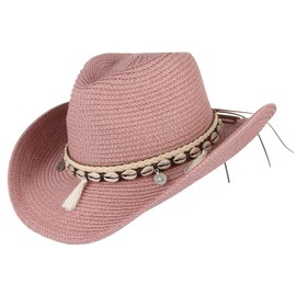 GEMVIE Women's Straw Hat with Shell Band + UPF50 Adjustable Summer Sun Hat Fedora Trilby, pink