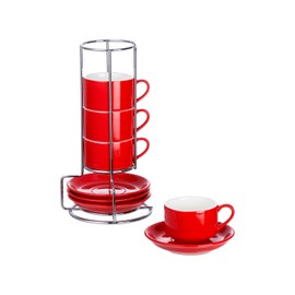 CHILDIKE 2.5oz Espresso Cups Set of 4, Small Stackable Coffee Cups with Saucers and Metal Stand, Ceramic Demitasse Cups, Cappuccino Cups for Coffee Drinks, Latte, Red