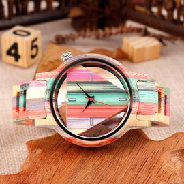 Natural Colorful Bamboo Watch Men's Women's UniqueTriangular Wooden Watches Men's Creative Hollow dial Bamboo Watch