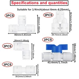 HUAZIZ 15 m white universal connection set, RO water filter fitting, for 1/4 inch hose, refrigerator hose, water hose (Y + T + I + L type + shut-off valve)