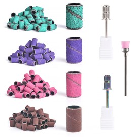 KAZIPOP 200Pcs Nail Sanding Bands 4 Color Sand Set 80#120#180#320# Sanding bit with 2 Pcs Nail Drill Bits and 1 Cleaning Brush Nail File Sanding Bands for Acrylic Nails Gel Removing Shaping Polishing