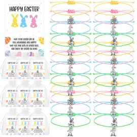 Tondiamo 24 Pcs Easter Gifts for Girls Adjustable Bunny Bracelets Christian Easter Rabbit Bracelets Cute Bulk Multicolor Bunny with Card and Mesh Bags for Women Teens