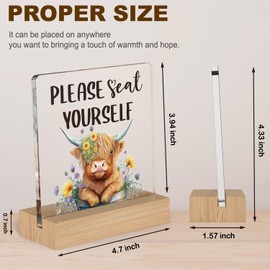 Bathroom Sign Highland Cow Gifts for House, Please Seat Yourself Bathroom Shelf Decor, Farmhouse Acrylic Plaque with Wooden Stand, Funny Half Bathroom Rustic Farmhouse Decor