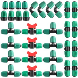 Pushglossy 32 Pcs 1/2" Tubing Irrigation Fittings Kit 1/2" ID x 0.6-0.63" OD 16 mm Drip Irrigation Barbed Connectors 4 Switch Valves, 8 Tees, 8 Couplings, 4 Elbows, 4 Ends, 4 Adapters (Green)