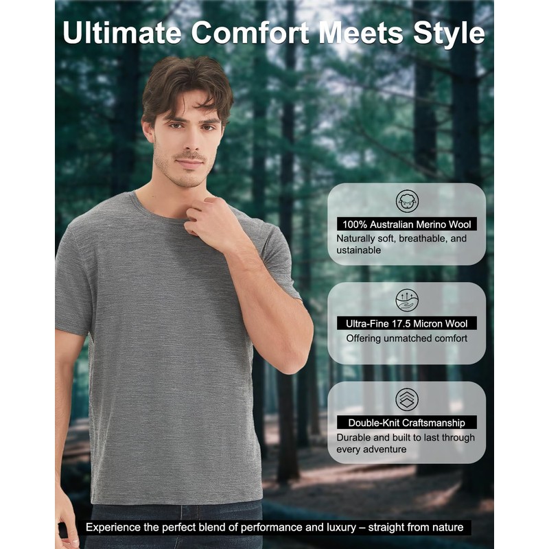 MERIGREENY Men's 100% Merino Wool T-Shirt, Crew Neck Lightweight Undershirt