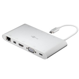 Goobay 62113 USB C Hub Multiport Verteiler 11 Ports HDMI / VGA / Mini DP / USB C PD / 3x USB 3.0 / RJ45 / 3,5 mm Audio / SD & microSD Kartenleser / Aluminium