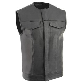 Milwaukee Leather Men's Black Leather Collarless Club Style Motorcycle Rider Vest w/Concealed Snap Closure LKM3721 (US, Alpha, Large, Regular, Regular, Black)