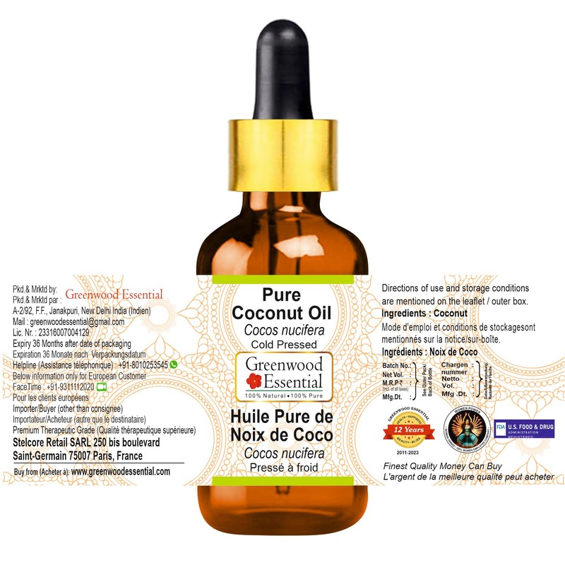 Greenwood Essential Pure Coconut Oil (Cocos Nucifera) with Glass Dropper