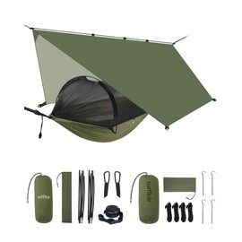 Sunyear Camping Hammock with Net & Rain Fly - Double & Single Hammock with House-Like Net- Easy Setup & Pack, Lightweight & Portable, Perfect for Hiking, Backpacking, Outdoor Sleeping