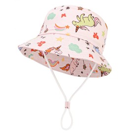 JUPSK Children Beach Hat, Unisex Kid Summer Hats Bucket Hat Wide Brim Sun Protection Hats Foldable Kids Sun Cap with Dinosaur Unicorn Pattern Light Pink