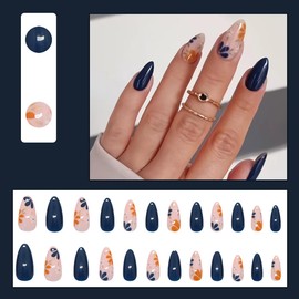 24Pcs Flower Press on Nails Almond Shaped Medium Fake Nails Spring Floral Acrylic Nails Yellow Daisy False Nails Stiletto Glue on Nails Blue Full Cover Glossy Artificial Nails for Women Girls Manicure