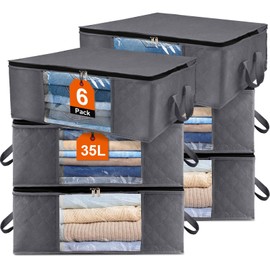 Withosent Pack of 6 35L Large Storage Bag Cupboard Organiser Set, Foldable Clothes Storage with Reinforced Handle, Sturdy Zip for Clothes, Bedding, Duvets, Quilt