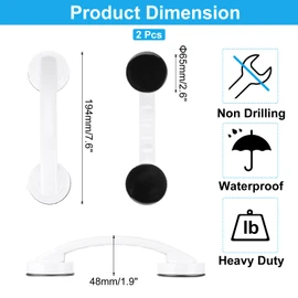 uxcell 2pcs Grab Bars for Bathtubs and Showers, 7.6" Mirror Glass Door and Window Handles Powerful Shower Suction Cup Anti-Slip Safety Bars for Senior Shower Chairs White