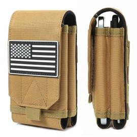 Tactical Molle EDC Phone Pouch Universal Dual Mobile Phone Holster Holder with US Flag Patch (Coyote Brown)