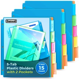 Dunwell 2-Pocket 5-Tab Dividers for 3-Ring Binder (3 Sets, 15 Count), 5 Colors, Plastic Notebook Dividers, Durable Acid-Free Poly, Includes Label Inserts