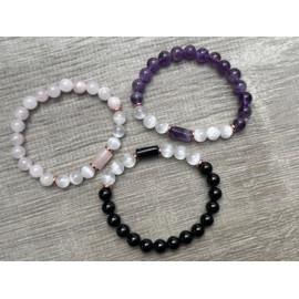 GAF TREASURES 3 Pack 8mm One of Each Bracelet - Amethyst, Rose Quartz and Black Tourmaline Selenite Crystal Bead Bracelet- Genuine Healing Crystal Bracelets, Gift for Men & Women