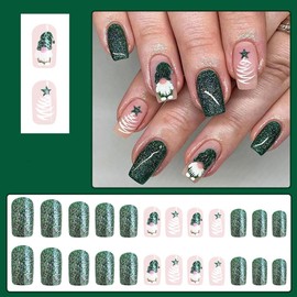 24 PCS Christmas Press on Nails Short Coffin - ZWENJIE Winter Cute Green Glitter Fake Nails Full Cover Artificial Acrylic False Nail Santa Claus Star Xmas Tree Designs Xmas Holiday Glue on Nails Kit