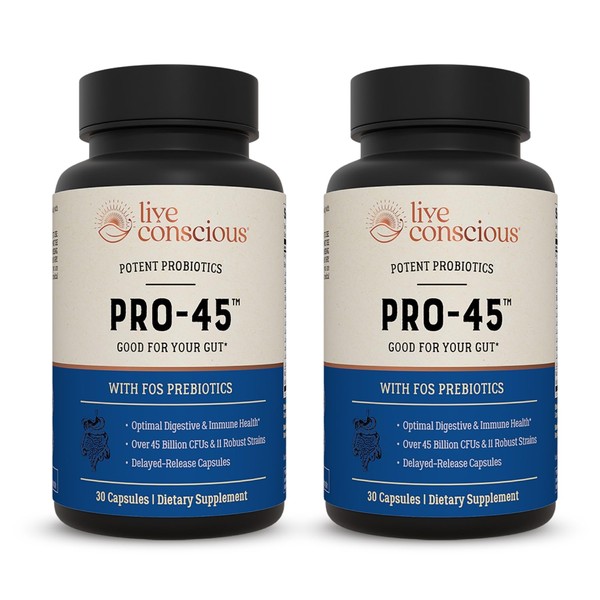 Live Conscious PRO45: Probiotic Formula, 45 Billion CFU, 11 Comprehensive strains. Dairy Free. Delayed Release Veggie caps. Promotes Immune and Digestive Health. 60 Capsules (2-Pack)