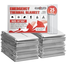 SecuCaptain Survival Emergency Thermal Blankets: Extra Large 84” x63” Space Mylar Blanket Kit for Outdoor Cold Winter Camping Hiking Car Bug Out Bag or First Aid - 25 Pack