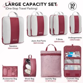 10 Set Compression Packing Cubes for Travel Essentials,Compressible Expandable Packing Cubes for Suitcase,OlarHike Luggage Organizer Bags for Travel,Handy Helper for Organizing Clothes(Wine Red)