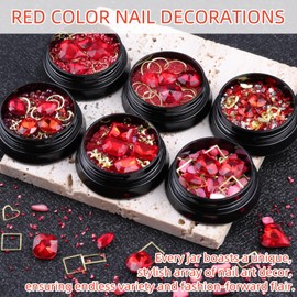 6 Wheels Mixed Sparkle Nail Art Rhinestones Diamonds Crystals Butterfly Beads Artificial Pearls Gold Silver Nail Studs Gems Metal Hollow Rivets Charms (Red)