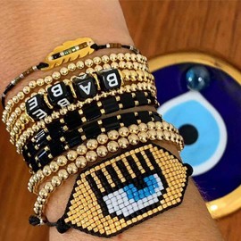 KELITCH Colourful Elastic Bracelets Gold Metal Beads Bracelets Mixed Alphabet Beads Charm Bracelets (Luck 5E0), Metal, No-Gem-Tye