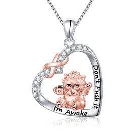 Cat Heart Necklace for Women S925 Sterling Silver Cute I'm Awake Don't Push It Funny Saying Lazy Cat Teen Jewelry Gift Friend Birthday Graduation