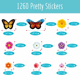 Hebayy 1260 PCS Butterfly & Flower Stickers, 24 Sheets Colorful Springtime Blossom Insect and Plant Spring Themed Party Supplies Decorations for Kids Teachers Classroom (Non White Edge)