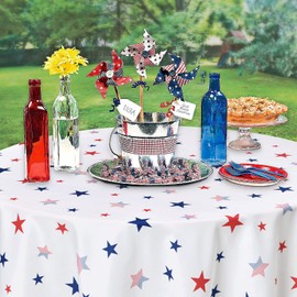 DWCN 60 Inch Independence Day Patriotic Round Tablecloth - Waterproof Spillproof Stain Resistant Star Patterned Washable Table Cloth for July 4th Holiday Picnic Party