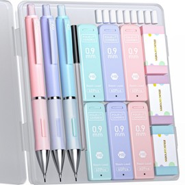 Four Candies Pastel Mechanical Pencil Set, Cute Colors, 0.9 mm, 3 Pencils, 360 HB Leads with Eraser, for Drawing & Writing, Easy to Write, Junior Students