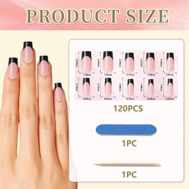 Goiern Pack of 120 Black French Press On Nails Square False Nails, French Tips Nail Press Nails Long Gel Shiny Sober Nails Artificial
