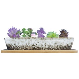 ARTKETTY Succulent Pots, 9.8 Inch Ceramic Succulent Planters with Drainage Small Bonsai Pot with Bamboo Tray, Mini Cactus Flower Planter Pot Shallow Rectangular Window Planters for Indoor Plants