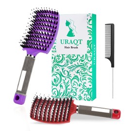 URAQT Hair Brush, 2 Pcs Boar Bristle Paddle Hairbrush with Tail Comb, Soft Massage Vent Brush for Men Women, Detangle Hair Brush for Long Thick Curly Hair, Reducing Hair Breakage (Red & Purple)