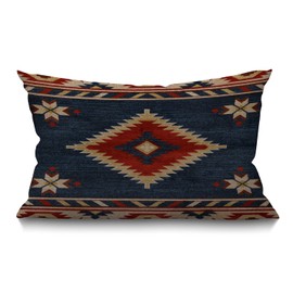 BGBDEIA Oblong Cushion Cover Farmhouse 12x20 Inch Soft Linen Throw Pillowcase Vintage Southwest American Aztec Blue Red Pillow Cover for Couch Bed Sofa Chair,30 x 50 cm