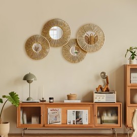 4 Pack Hanging Baskets Wall Art - Decorative Woven Wicker Basket Boho Wall Hanging, Rustic Round Mirrors Natural Jute Home Decor Set for Bedroom Living Room Nursery