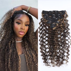 Blonde Highlights Hair Extensions Real Human Hair,24 Inch 120g 8pcs 4/27 Brown Clip in Extensions Deep Wave Curly Brazilian Human Clip ins Extension Hairpieces for Women