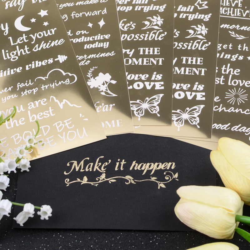 WANDIC 8 Sheets Gilding Rub On Transfer Stickers, Gold Foil