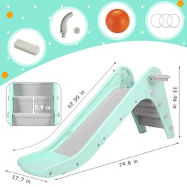 MAMIZO Freestanding Toddler Slide, Kid Slide Climbing w/Basketball Hoop & Ball, Ring Game, Enclosed Stairs, Baby Playset with Long Slope Buffer Slide, Indoor/Outdoor for 3 Years+ (Green Gray)