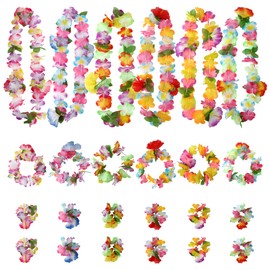 Hawaiian Leis, 24Pcs Leis for Luau Party Colorful Flower Lei Bulk Hawaiian Necklace for Women Flower Headbands & Bracelet Tropical Hawaiian Party Decorations for Birthday Wedding Holiday Summer Beach