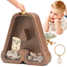 SummiDate Wooden Piggy Bank, Piggy Bank for Boys, Cartoon Letter Piggy Bank, Alphabet Money Saving Box, Gift for Kids (A)