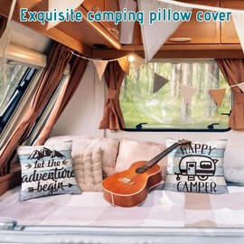 Tranqun 4 Pcs Camper Rv Decor Set Waterproof Camping Shower Curtain, Non-Slip Rug, 2 18"x18" Throw Pillow Covers, Rustic Wood Farmhouse Adventure Gifts for Campers Essential Rv Accessories